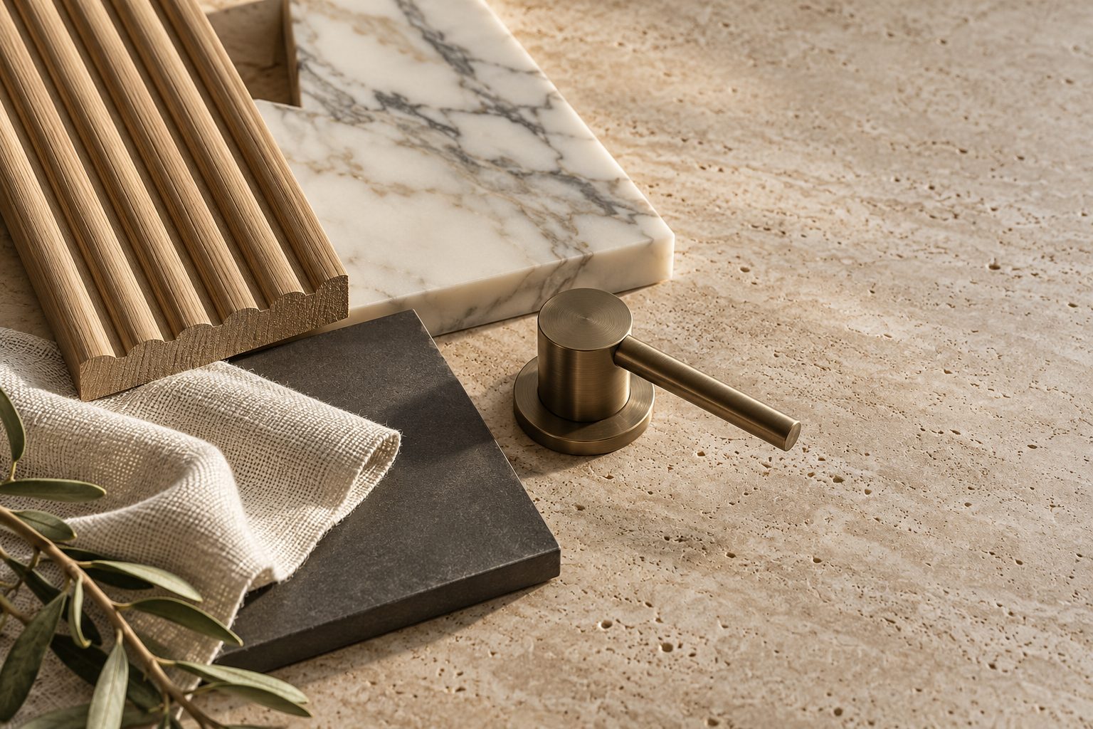 Fluted oak, Calacatta marble, a brushed bronze tap handle, linen and a charcoal tile on a travertine bench